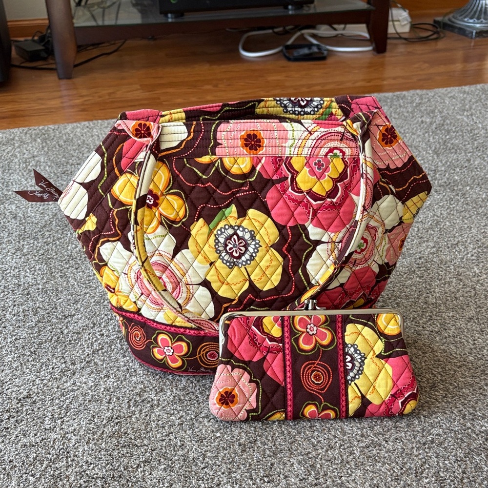 Vera Bradley Pink and Yellow Floral Shoulder Bag And Wallet Set Like New